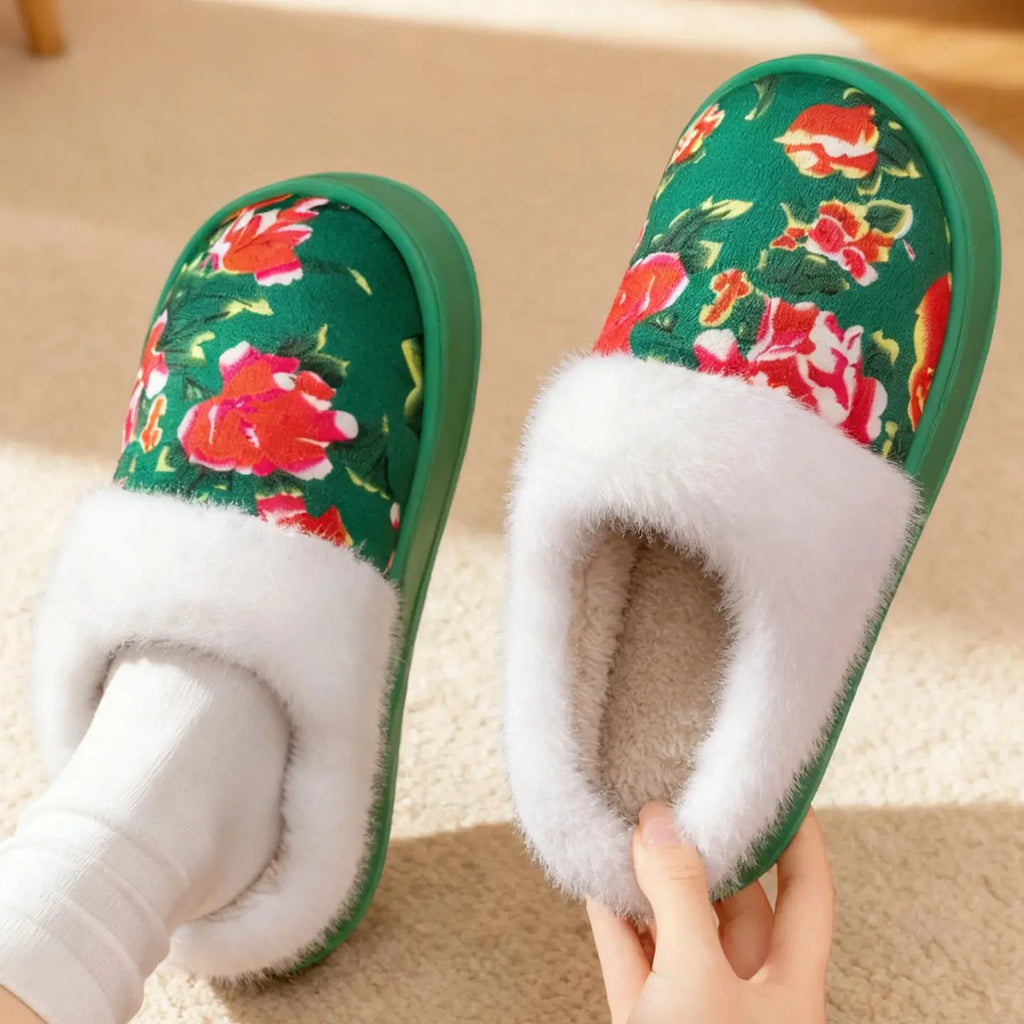 Chinese Traditional Floral Warm Slippers Winter Plush Lined Non-slip
