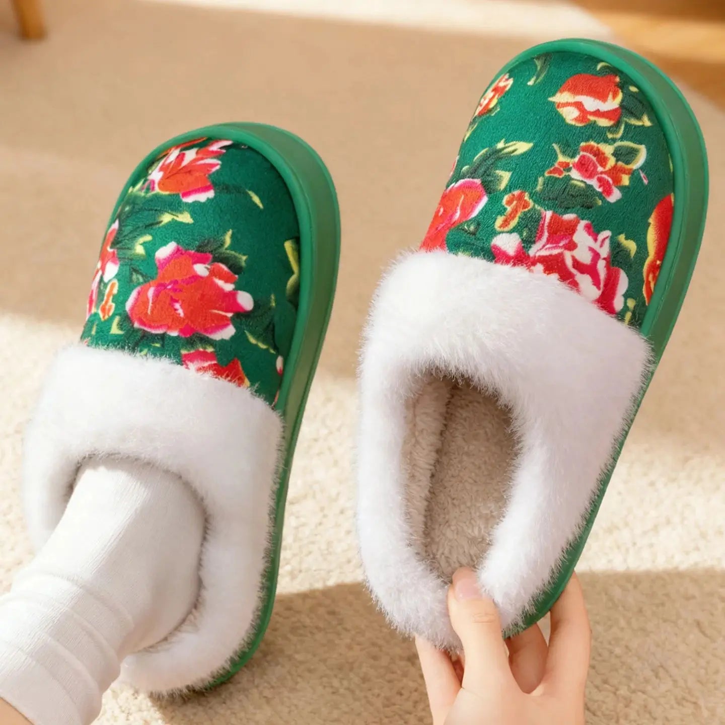 Chinese Traditional Floral Warm Slippers Winter Plush Lined Non-slip