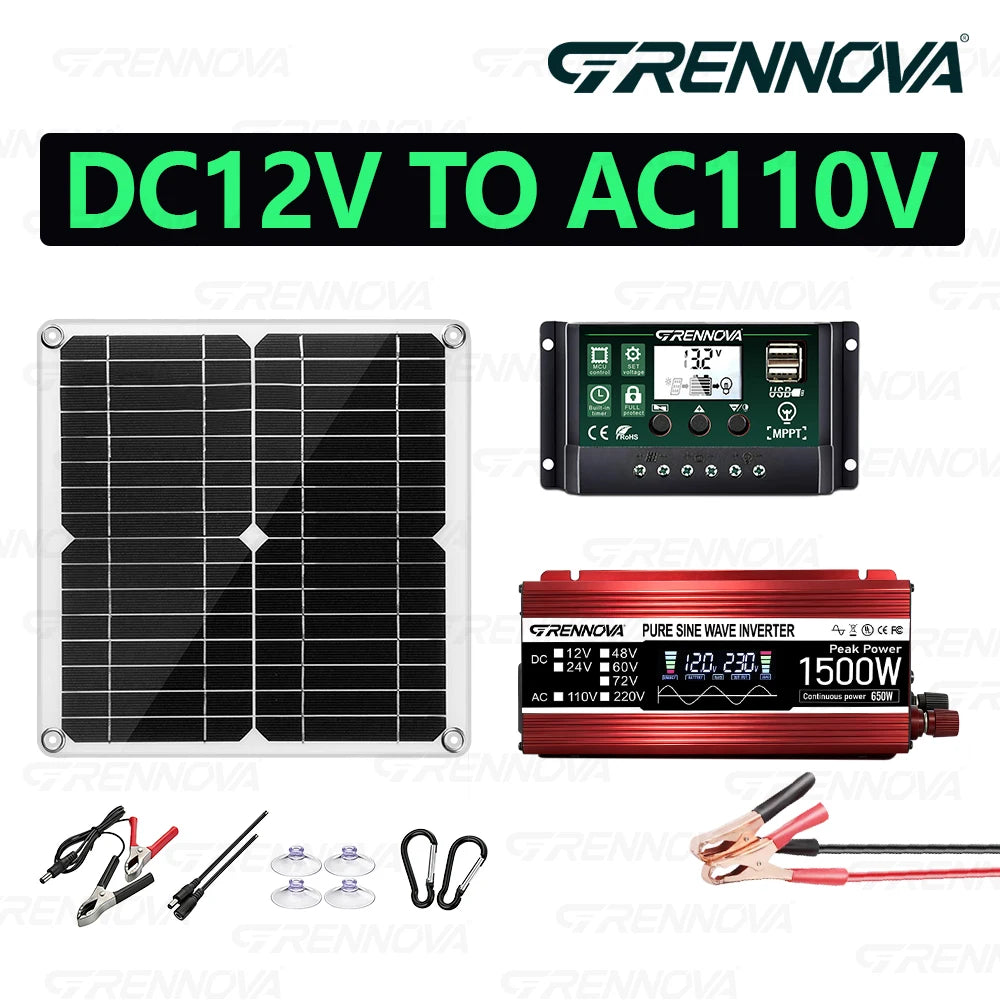 Grennova 1500W Off-Grid Pure Sine Solar Complete Set 30W Panel + Inverter + 60A MPPT Controller Real Power Emergency Home Backup Zpaxo 110V Kit