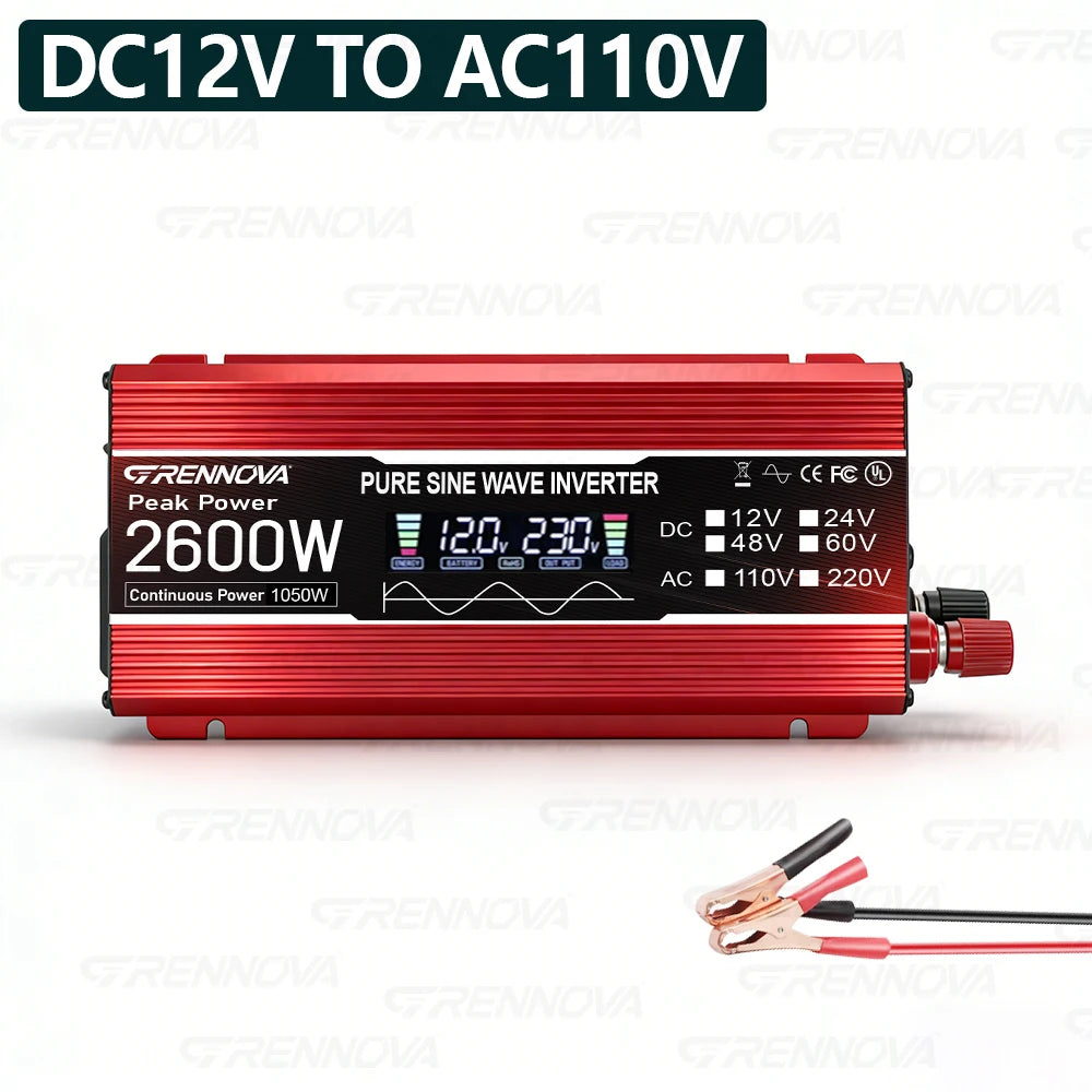 GRENNOVA Real 2600W Pure Sine Wave Inverter 1300W Peak DC 12V/24V/48V/60V/72V to AC Voltage Transformer with LCD Display & Fan Zpaxo 12V to AC 110V