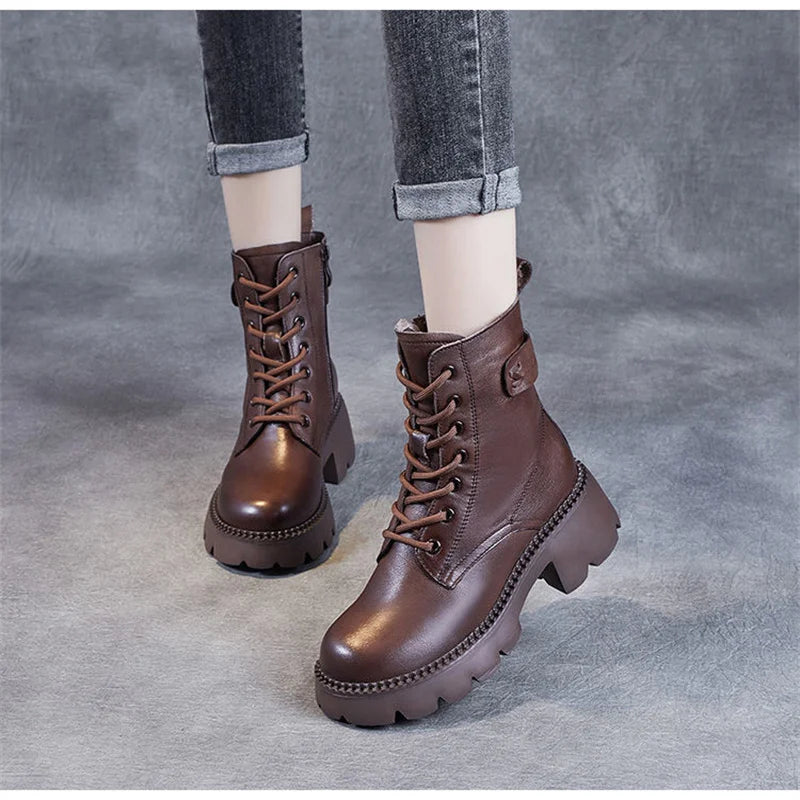 Soft Soled Women's Boots Zippered Round Toe Flat Bottom Handmade Zpaxo Brown 36(Foot 23cm) China Mainland