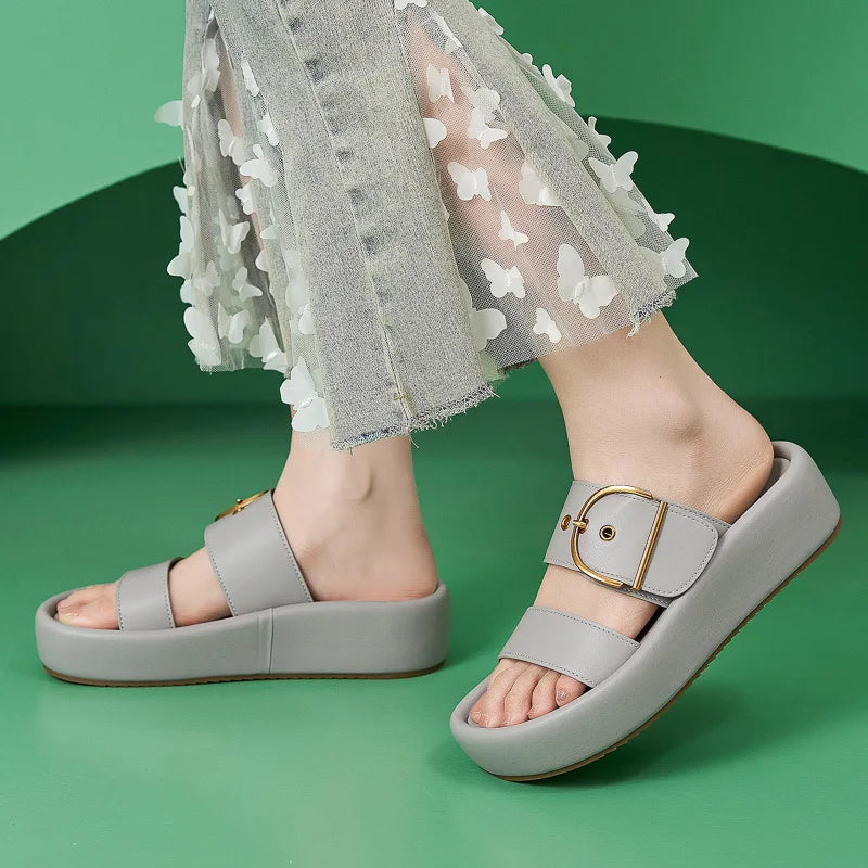 Womens Chic Platform Slide Sandals Luxe Gold Buckle Detail Double Zpaxo