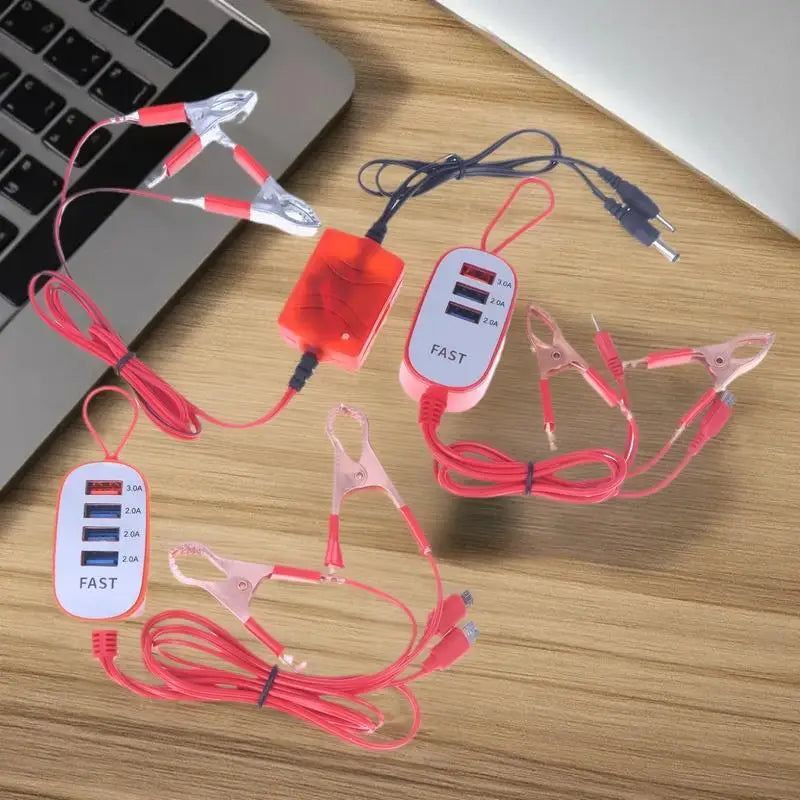 USB Battery Charger Adapter – Crocodile Clips 12-24V Multi-Port