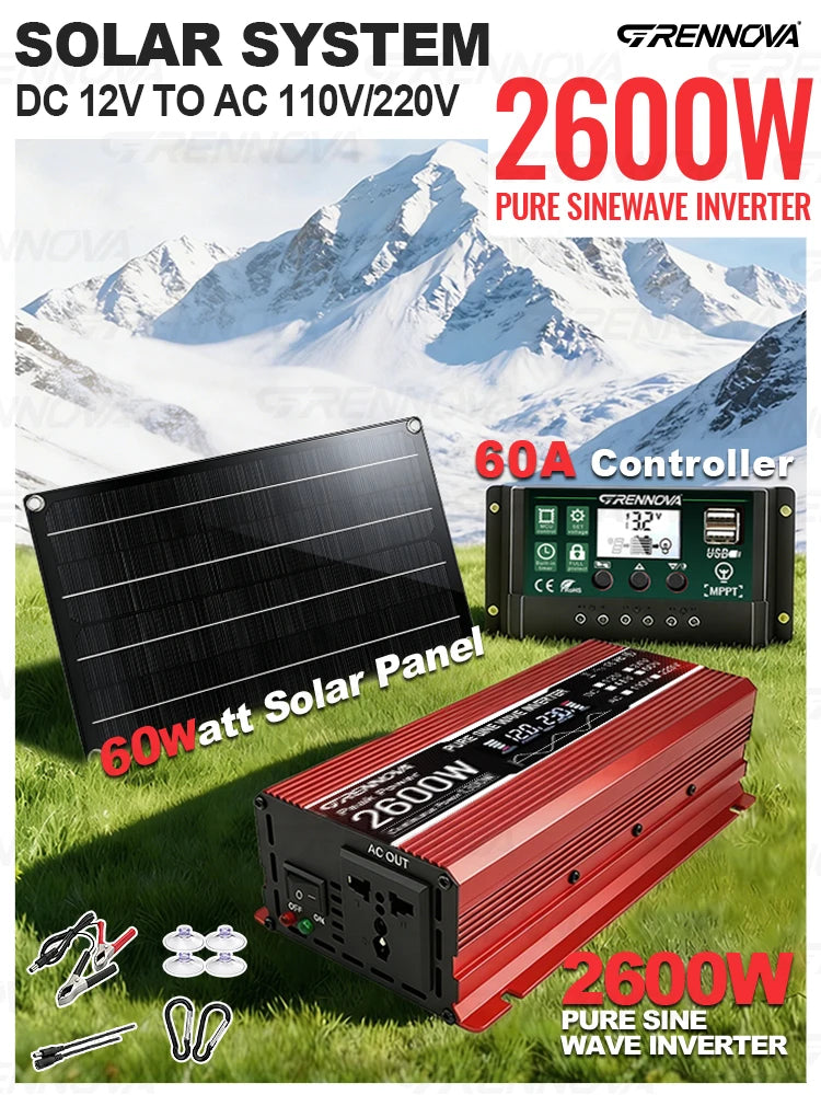 2600W PSW Off-Grid Solar Kit 60W Panel MPPT Controller Power Pure Sine 12V To 110V/220V Inverter For Pumps/Compressors/Medical Zpaxo