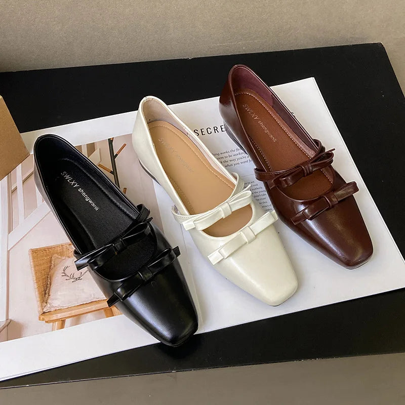 Women's Flat Shoes Thick Heeled Square Head Fashion Sweet Single Bow