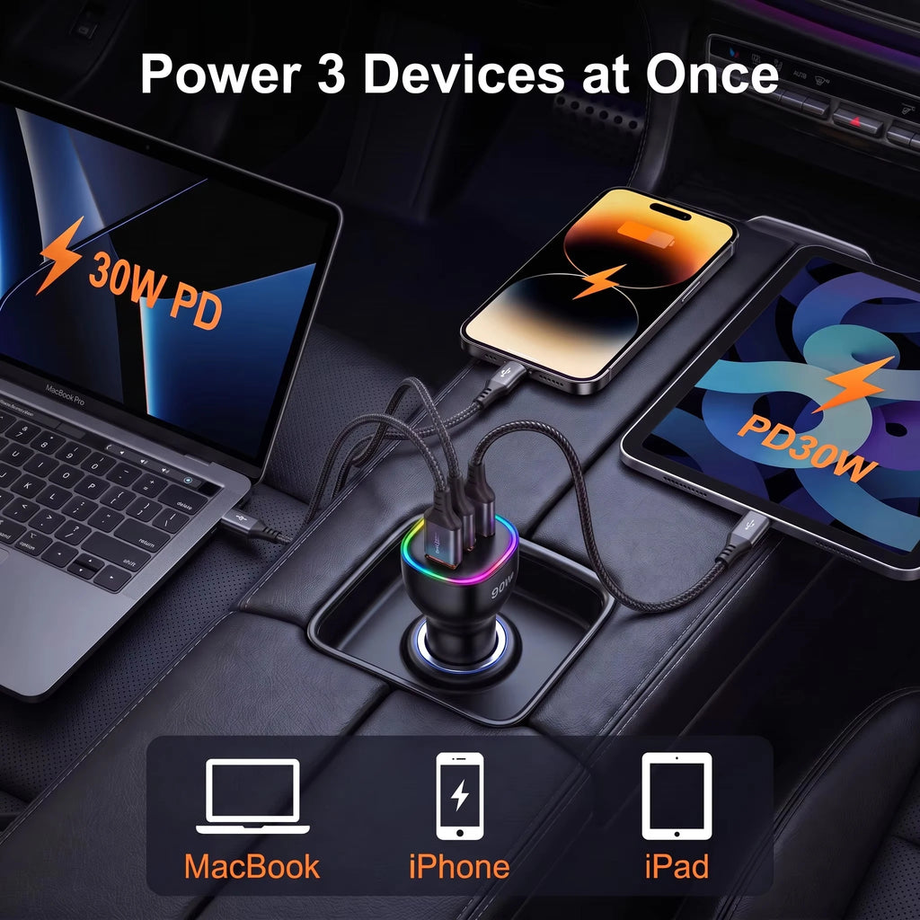 90W USB C Car Charger Dual PD 30W Multiple Ports Fast Charging