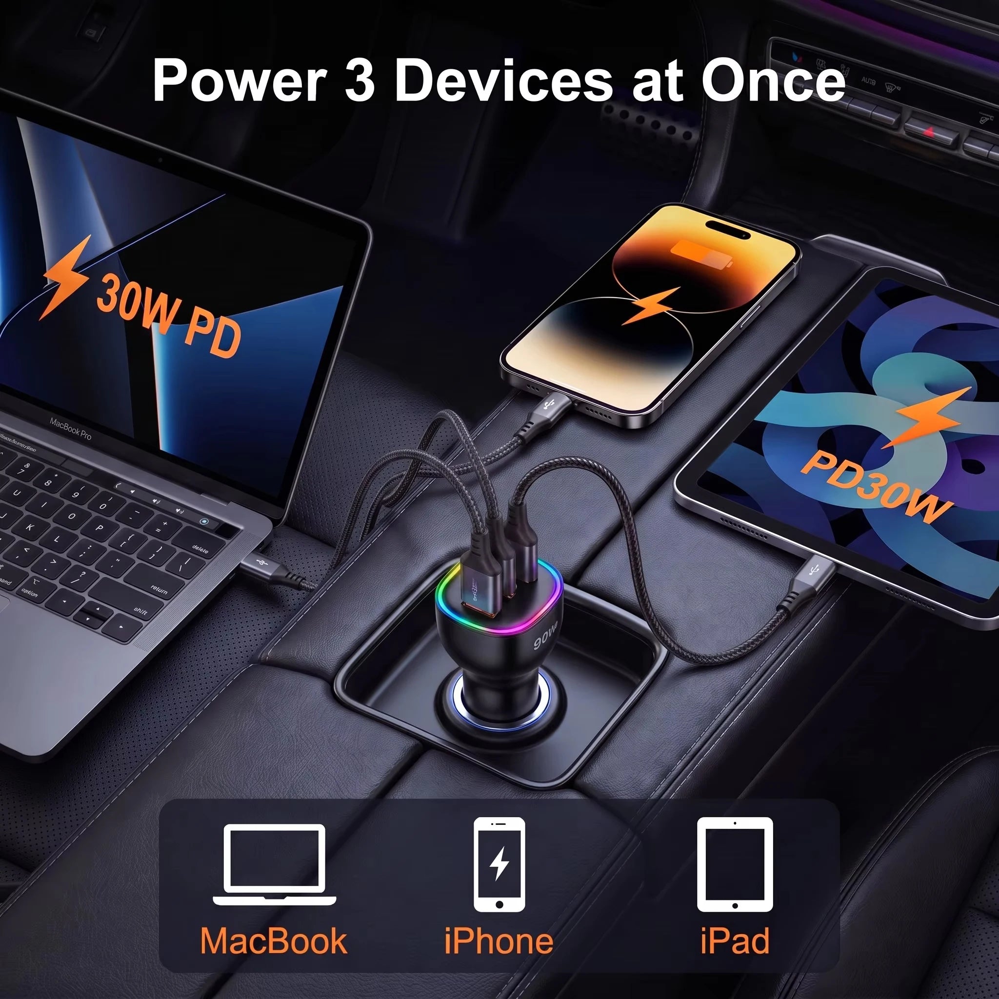 90W USB C Car Charger Dual PD 30W Multiple Ports Fast Charging