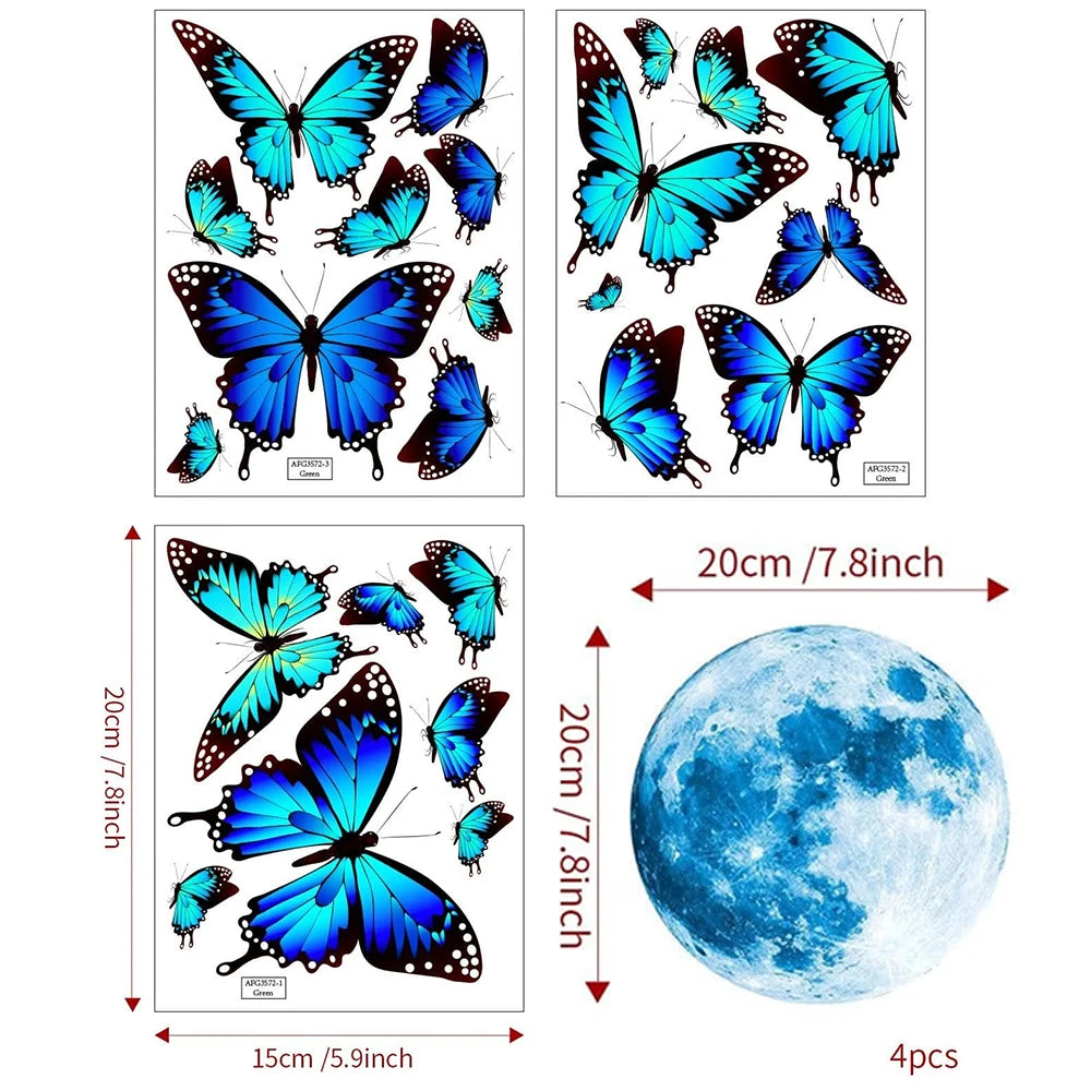 4Pcs/Set Moon & Butterfly Glow In The Dark Wall Sticker Bedroom Home Wall Decoration Zpaxo J2502108