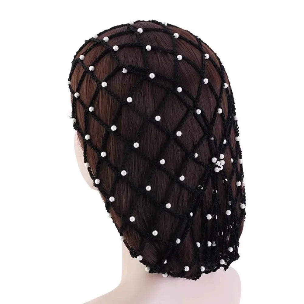 Pearls Beads Mesh Snood Hair Net Soft Solid Oversize Knit Hat Women Zpaxo Black