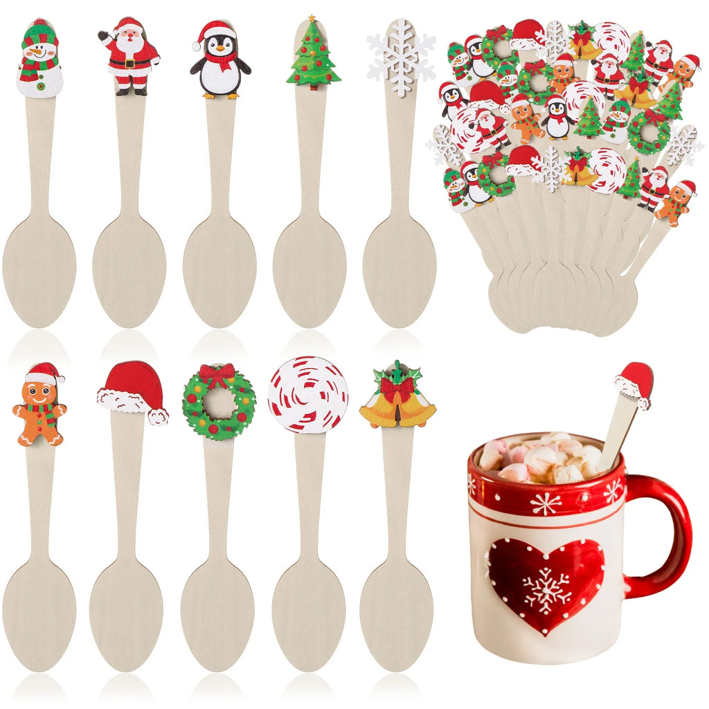 Christmas Wooden Spoons Cocoa Stirring Snowflake Gingerbread Man Zpaxo
