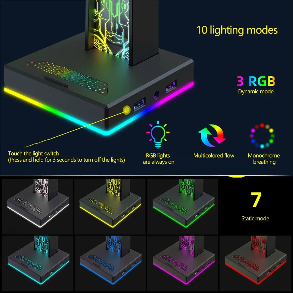 RGB Gaming Headphone Stand – 10 Lighting Modes, USB & Audio Port Headphone Stand Zpaxo