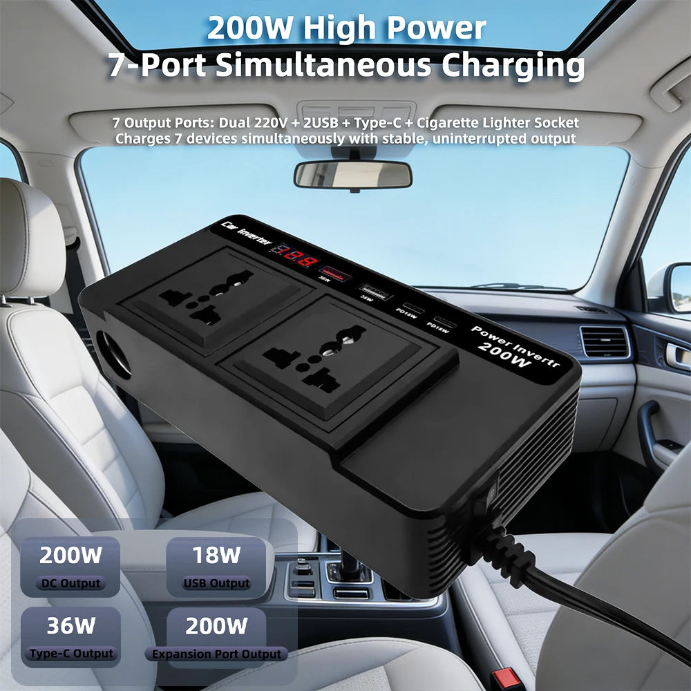 Car Inverter Digital Display QC 3 0 DC 12V AC 220V 200W USB Type-c