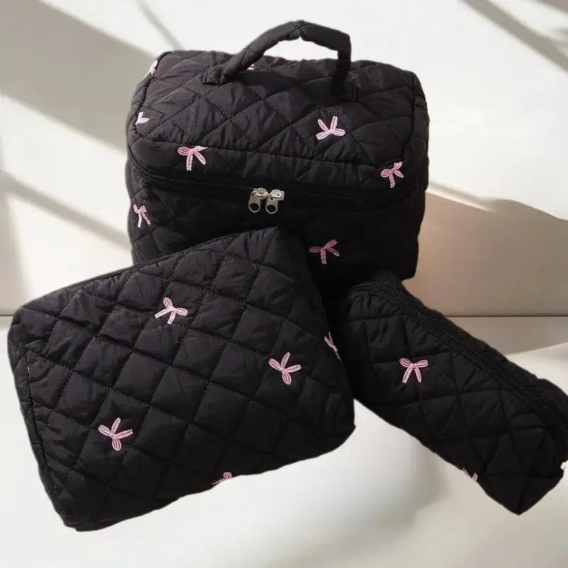 1 Black Women Portable Makeup Bag Large Capacity Bow Quilting Zpaxo