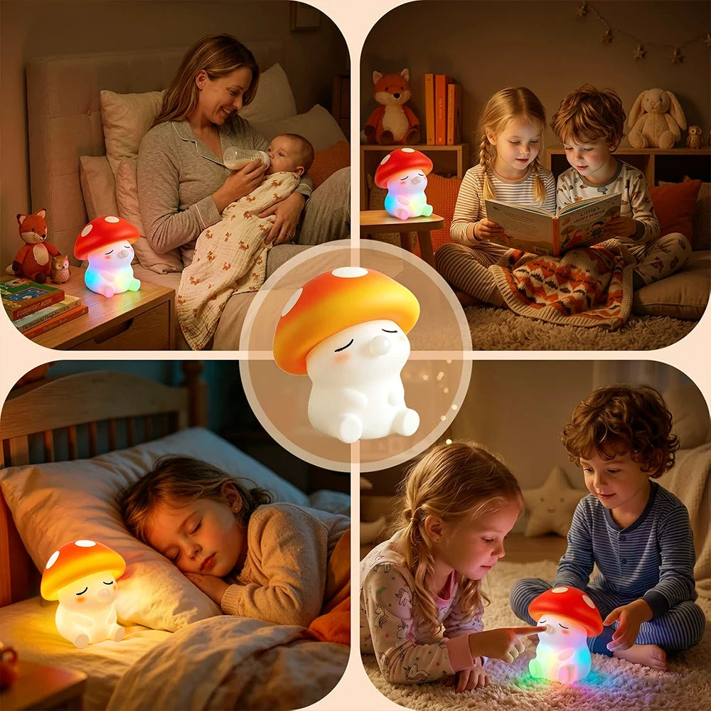Squishy Mushroom Night Light With RGB Color 2 Brightness Adjustable Nursery Nightlight Rechargeable Silicone Touch Bedside Lamp Zpaxo