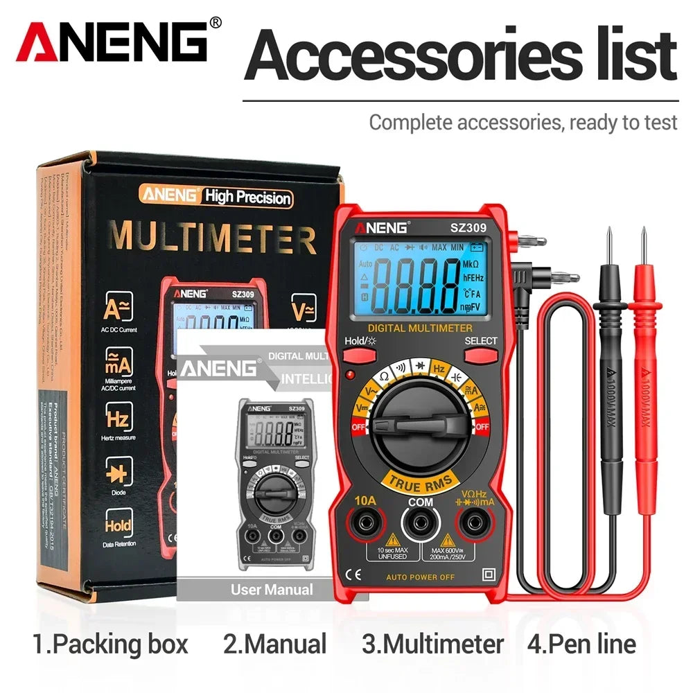 AC DC Voltage Current Tester Red Multimeter Digital Backlit Easy