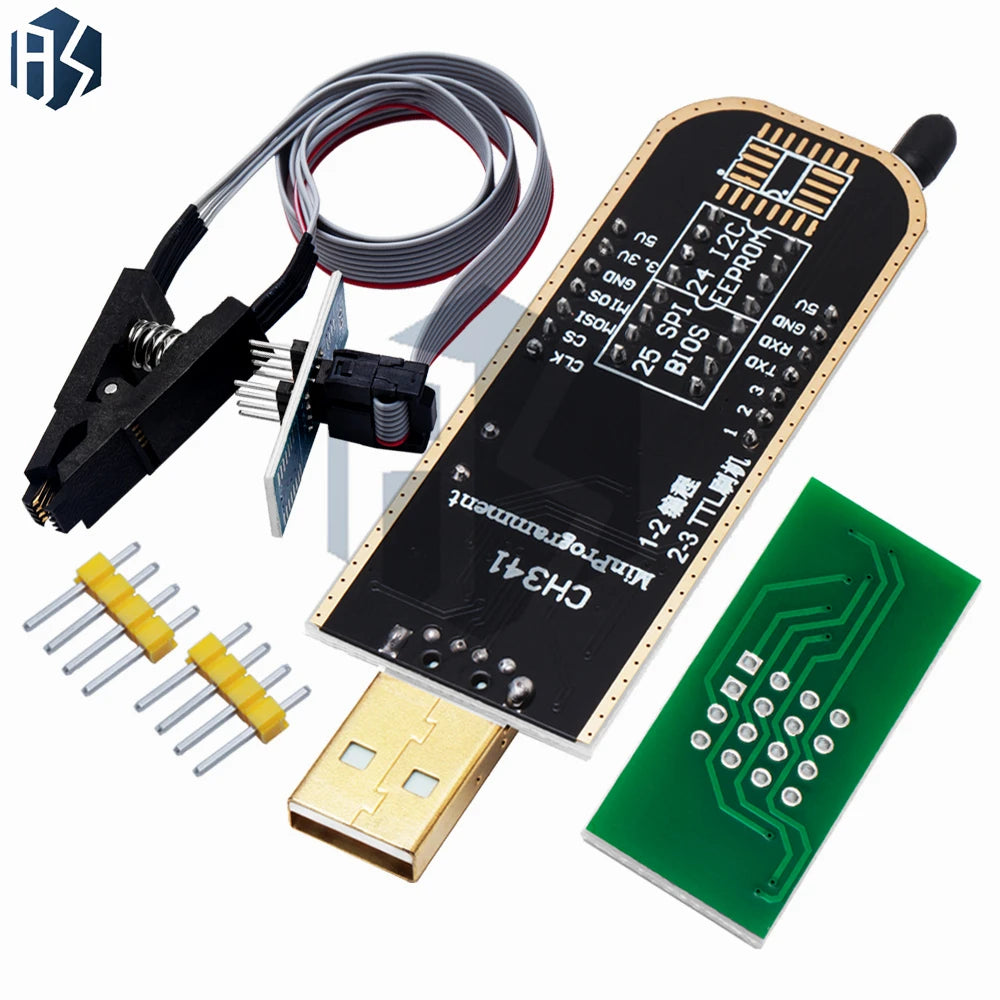 ‌CH341A USB EEPROM/BIOS Programmer Kit – Clip-On SOIC8/SOP8 Test Clip for 24CXX/25CXX/93CXX Series | 3.3V-5V Auto-Detect & 1.8V Zpaxo