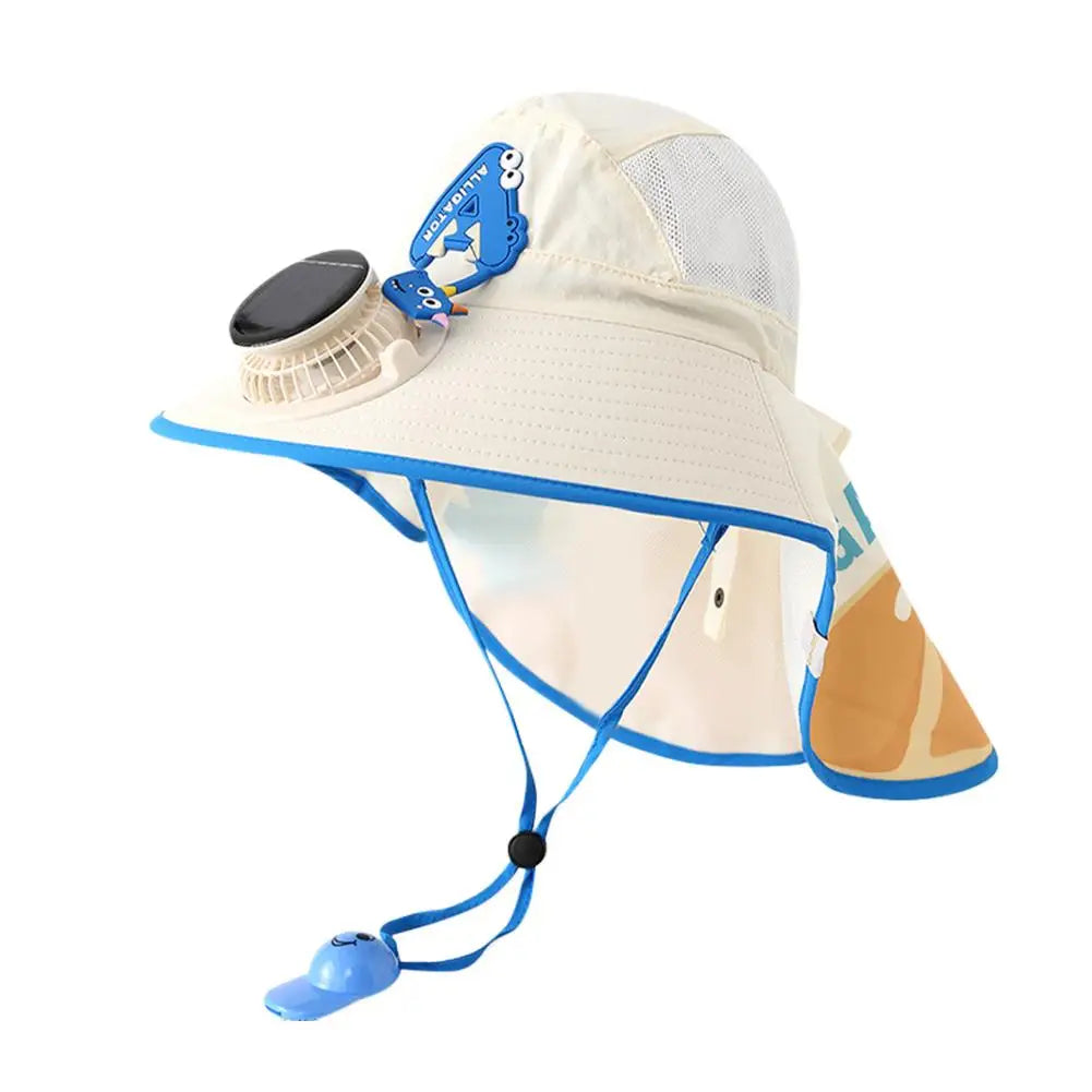 Kids Solar & USB Charging Fan Sun Hat Summer Breathable Mesh, Wide Brim UV Protection Sun Hat for Boys and Girls with Neck Cover Zpaxo Beige