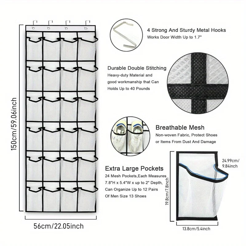 Over Door Shoe Organizer 24 Large Breathable Mesh Pockets Foldable