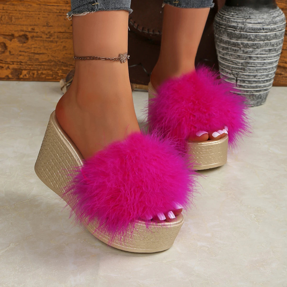 Women Sandals Outdoor Faux Fur Furry Fashion Luxury Platform Fluffy Zpaxo Rosy Red 38