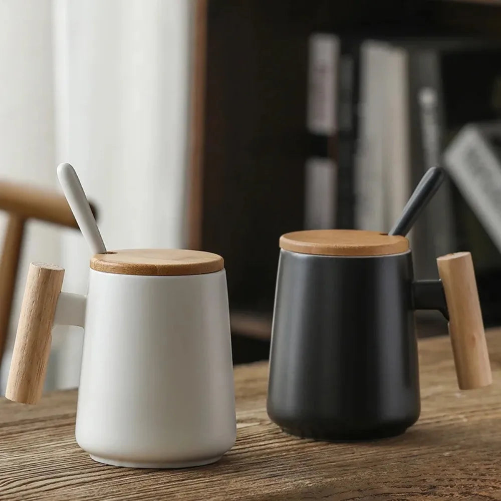 Hot Vintage Hot Selling Wooden Handle Ceramic Cup, Creative Mug, Cultural and Creative Coffee Cup with Lid Spoon Zpaxo