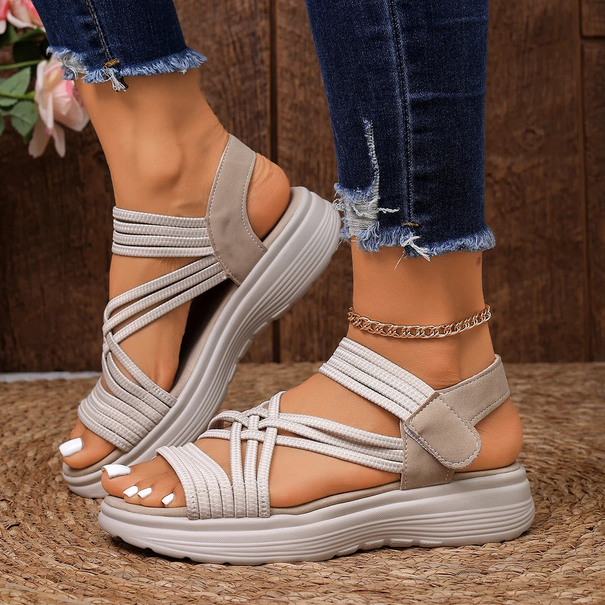 Women Sandals Summer Outdoor Casual Sandals Fashion Open Toe Elastic Sports Shoes Non Slip Thick-Soled Wedges Shoes for Women Zpaxo Beige 43