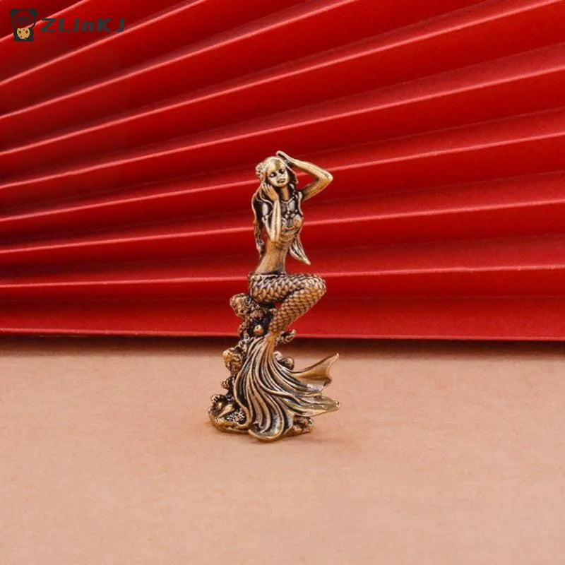 ▶1PCS Mini Brass Mermaid Figurine Fairy Tale Character Mermaid Princess Statue Zpaxo