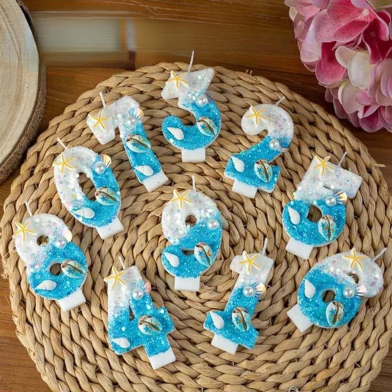 Ocean-themed Blue White Glitter Number Birthday Candles Seashell