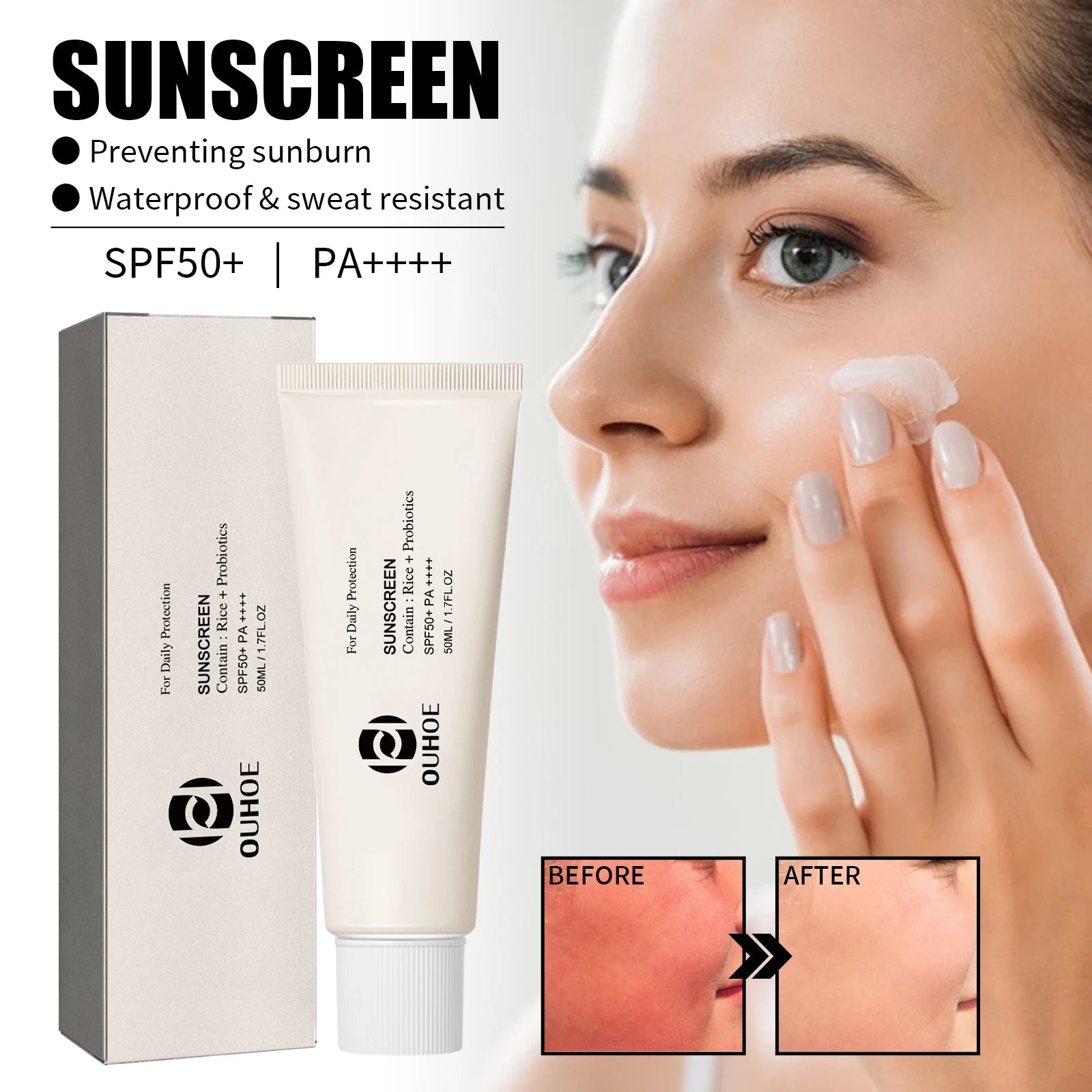 SPF 50 Face Sunscreen Non Greasy UV Protection Moisturizing Cream for Sensitive Skin Lightweight Travel Size 50ml Rice Probiotic Zpaxo