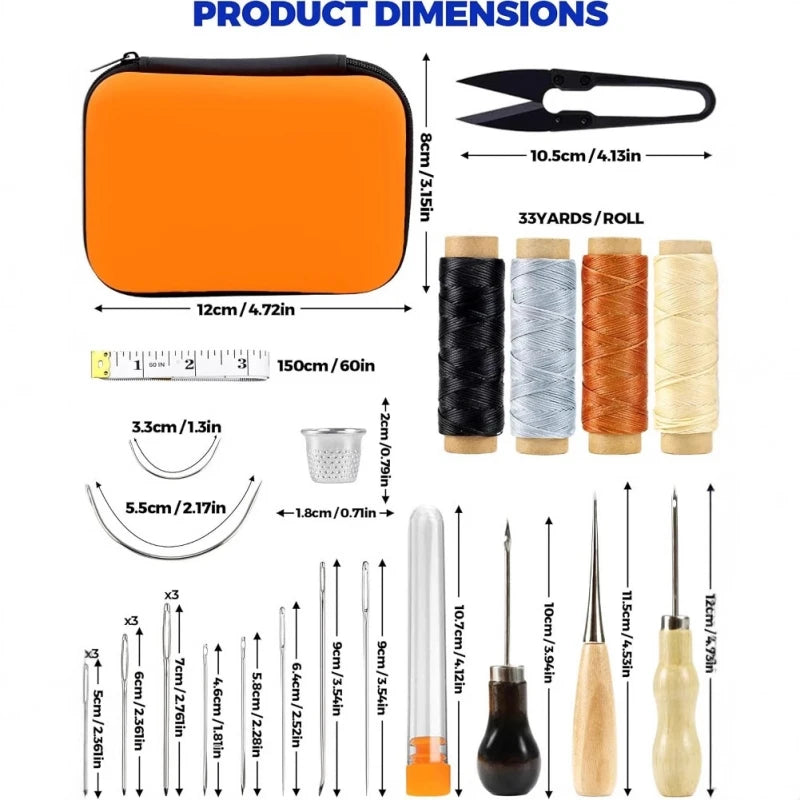 orange Leather Sewing Kit, Leather Stitching Kit with Sewing Awl, Needles, Waxed Thread, Upholstery Repair Kit, Sewing Tools Zpaxo