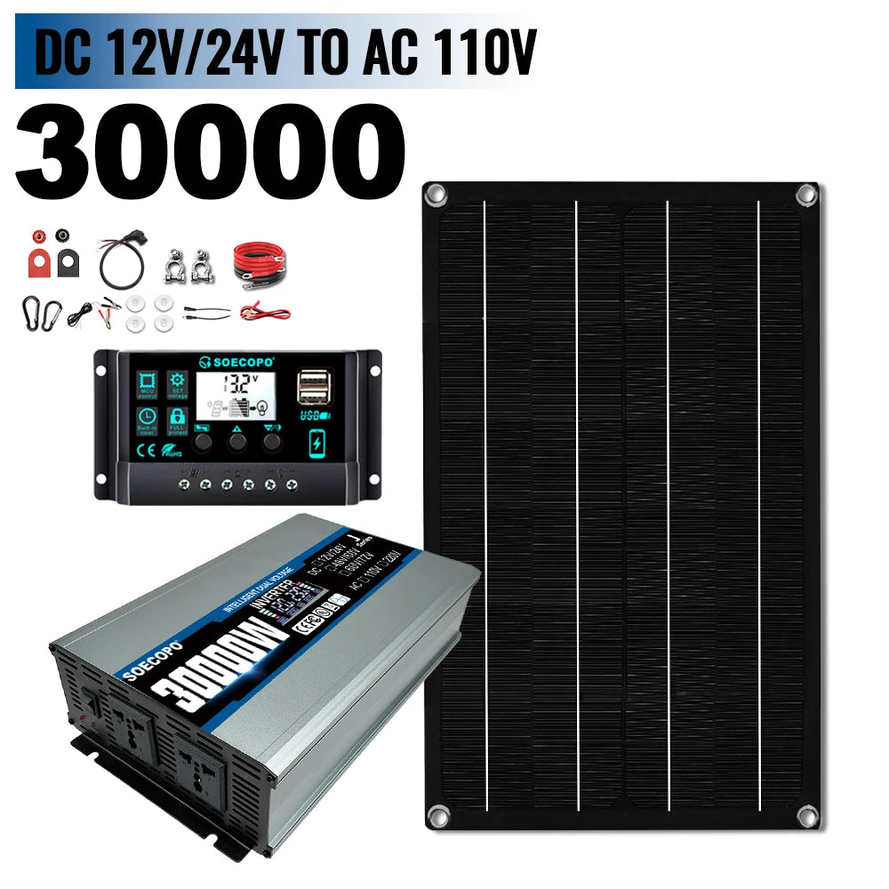 SOECOPO 30000W Complete Solar System Kit: 600W Solar Panel Inverter 2 sockets 12V/24V To 110V/220V 100A Controller Home Camping Zpaxo 12V 24V To 110V 60Hz