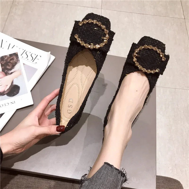 Flats Shoes for Women 2023 Spring Autumn New Women's Shoes Cloth Top Metal Buckle Shallow Mouth Square Head Flat Shoes Women Zpaxo
