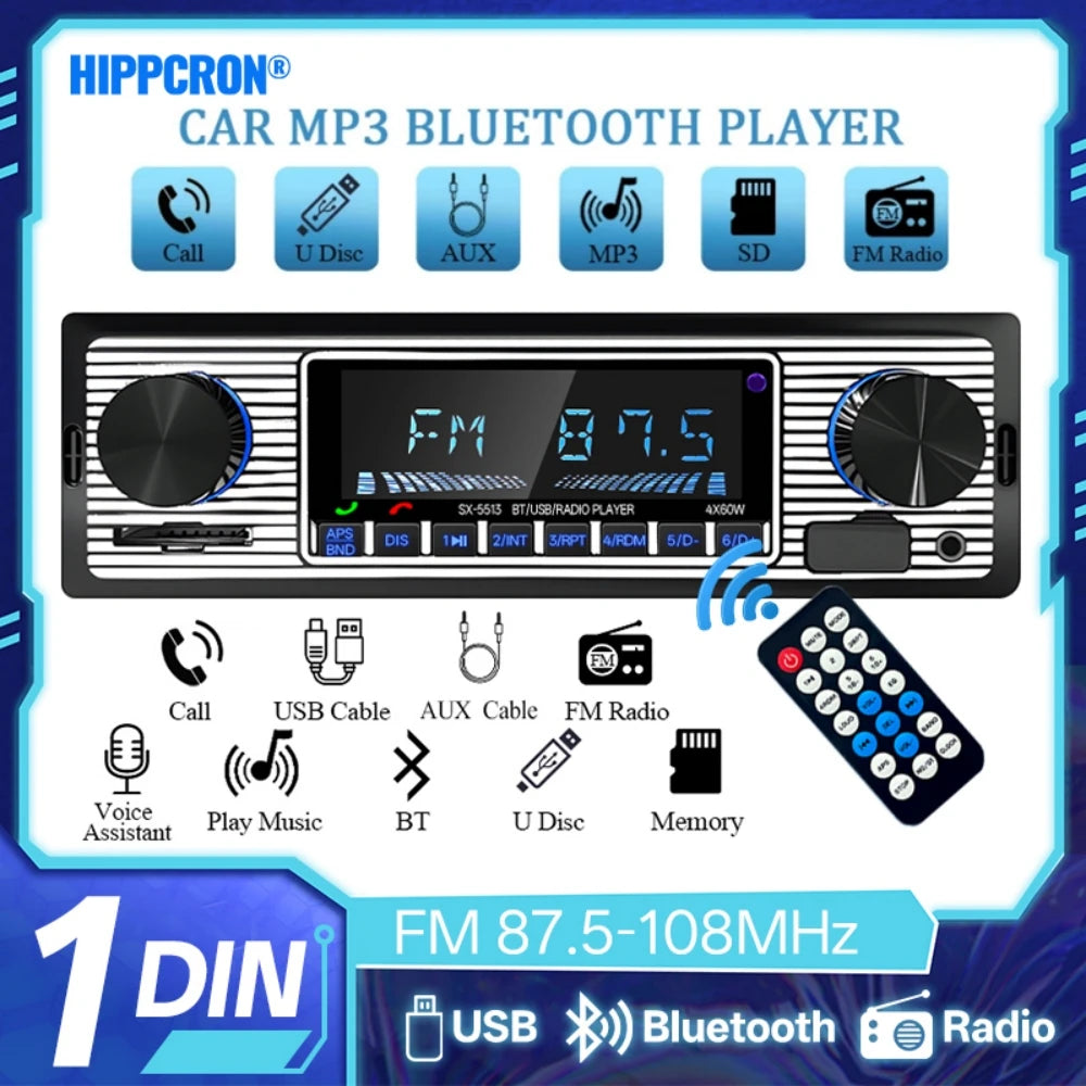 Hippcron Car Radio 1 DIN Stereo FM Bluetooth MP3 60Wx4 Audio Player