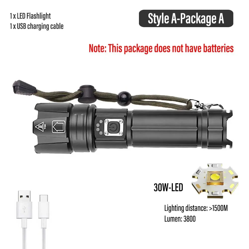 ESMARTER 30W LED Tactical Flashlight USB Rechargeable 1500m
