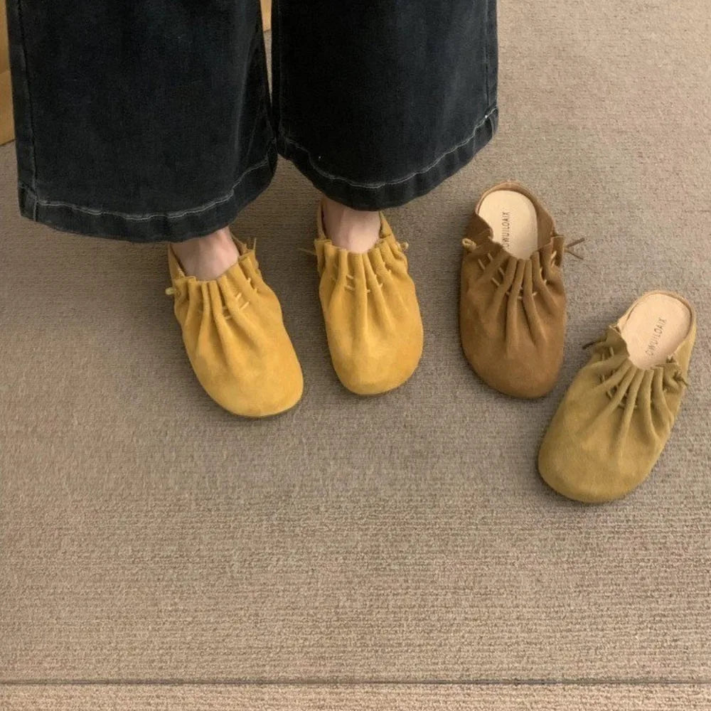Women Flats Slippers Designer Pleated Casual Mules Shoes 2025 Spring