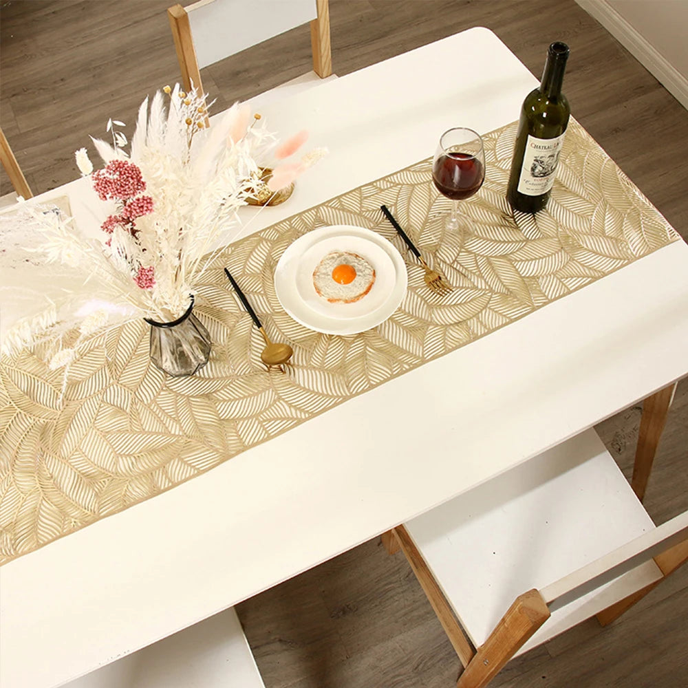 Hollow Leaves Table Runner 35x180 cm/ 14x73 Inch Waterproof Washable Gold Dining Table Runner for Wedding Banquet Party Decor Zpaxo