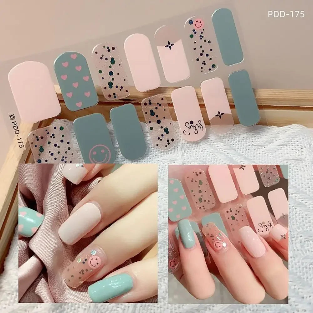 14Strips Gel Nail Stickers Full Cover Floristic Art Semi Cured Polish