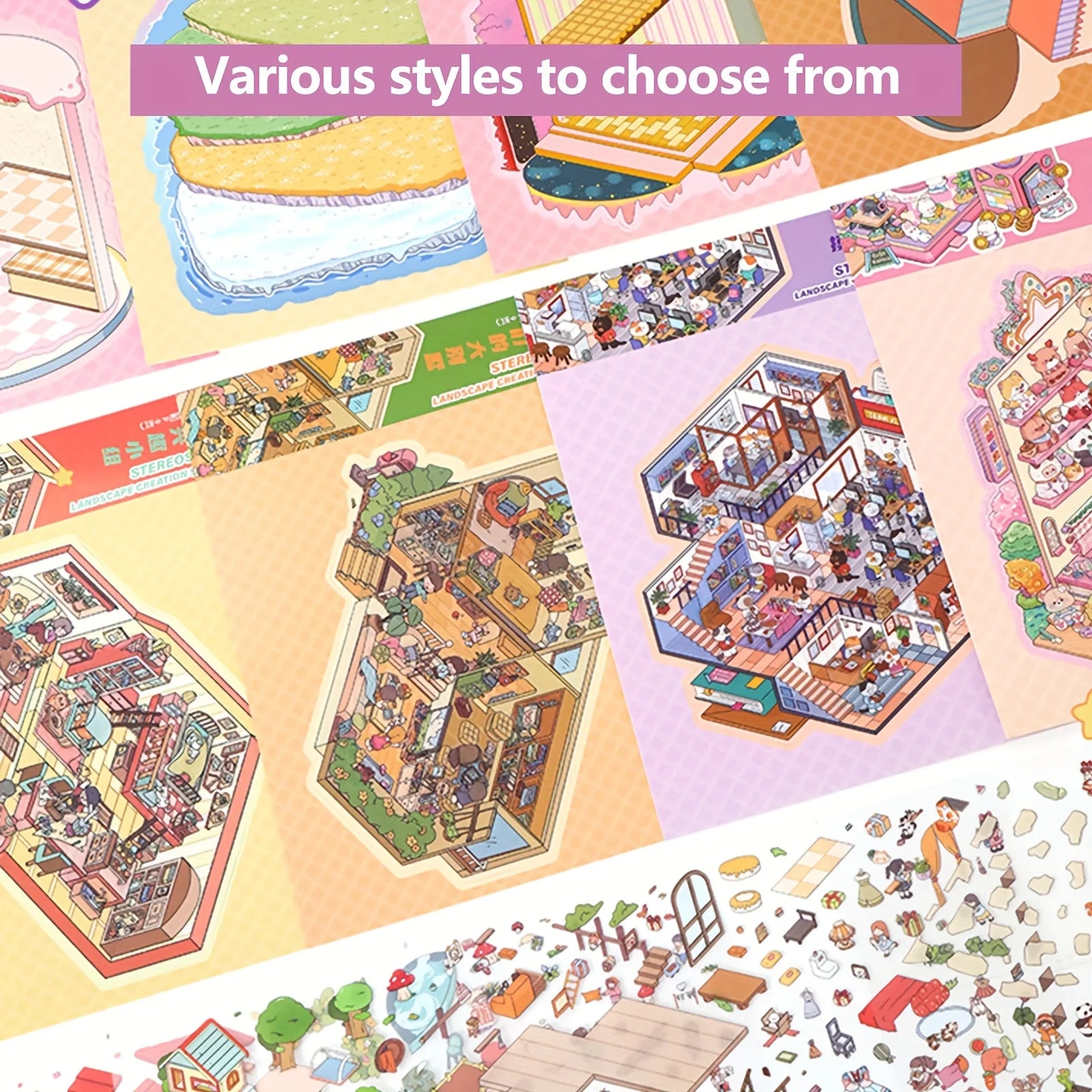 17 PCS Medium Book Scene Stickers, PET Stereoscopic Scenery Stickers, Miniature Scene Stickers, Self-adhesive 3D Cabin Stickers Zpaxo