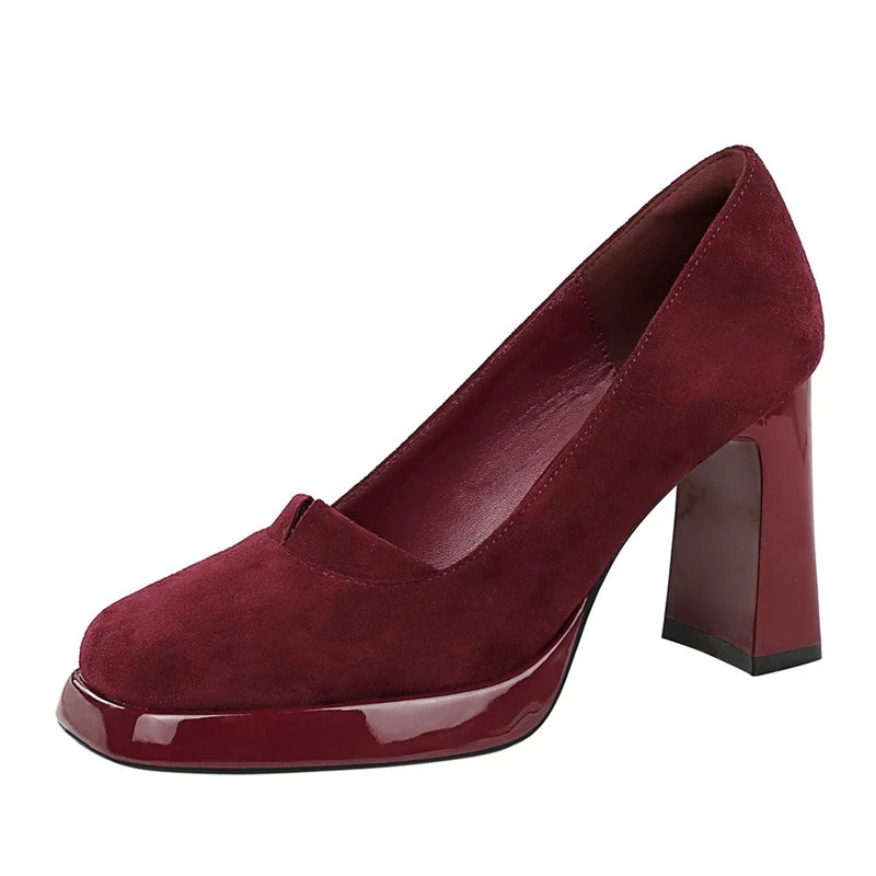 Retro Senior Sense Square Head Suede Women's Shoes Waterproof Zpaxo