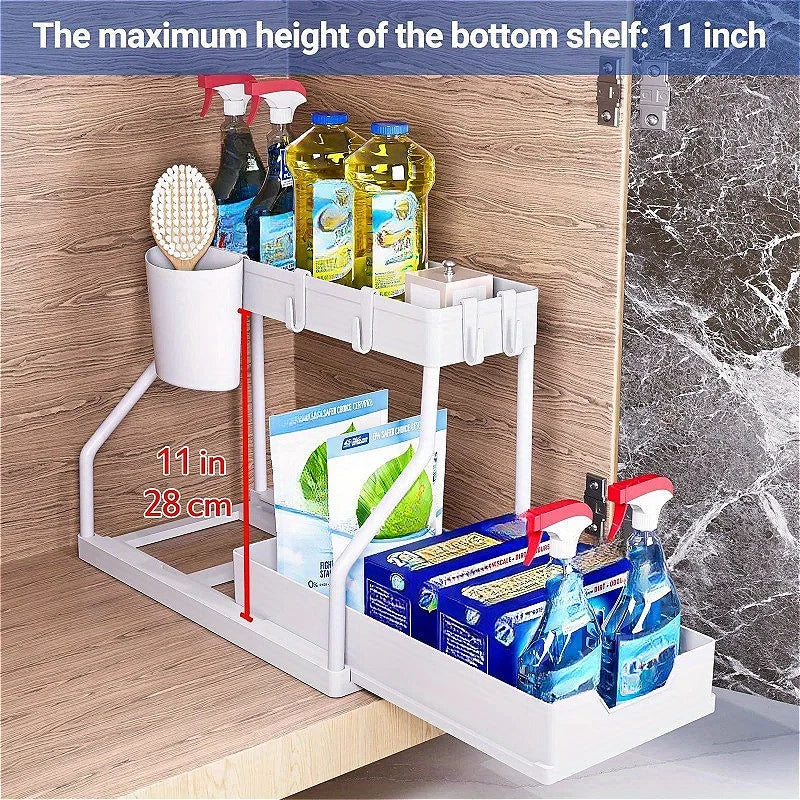 2-Tier Under Sink Organizer – Sliding Cabinet Basket & Hooks Cabinet Organizer Zpaxo WHITE