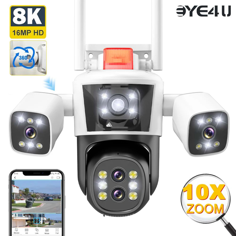 16MP 8K Wifi Security Cameras Four Len Three Screens 10X Zoom Outdoor Zpaxo 12MP 6K Cam Add 128G US Plug