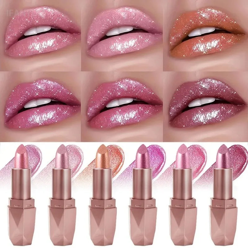 Diamond Glitter Lipstick Moisturizing Metallic Pearl Lip Tint Waterproof Long-lasting Sparkling Dazzling Gold Lip Gloss Makeup Zpaxo