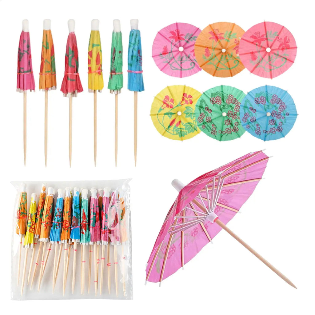 50 Mini Paper Drink Umbrellas Tropical Colors Cocktail Fruit