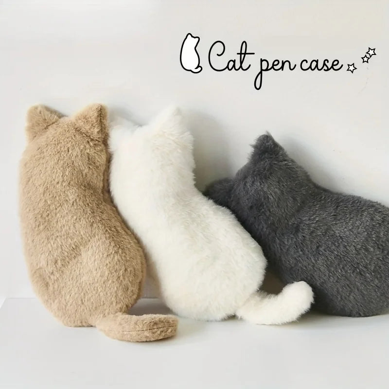Cute Plush Cat Shaped Pencil Case Large Capacity Stationery Storage