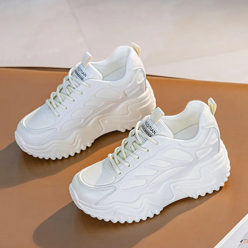 Black Leather Chunky Dad Sneakers Women Lace Up Design Round Toe Non Zpaxo