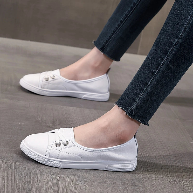 2026 Leather White Sneakers Women Spring Autumn Slip Lazy Elastic Zpaxo