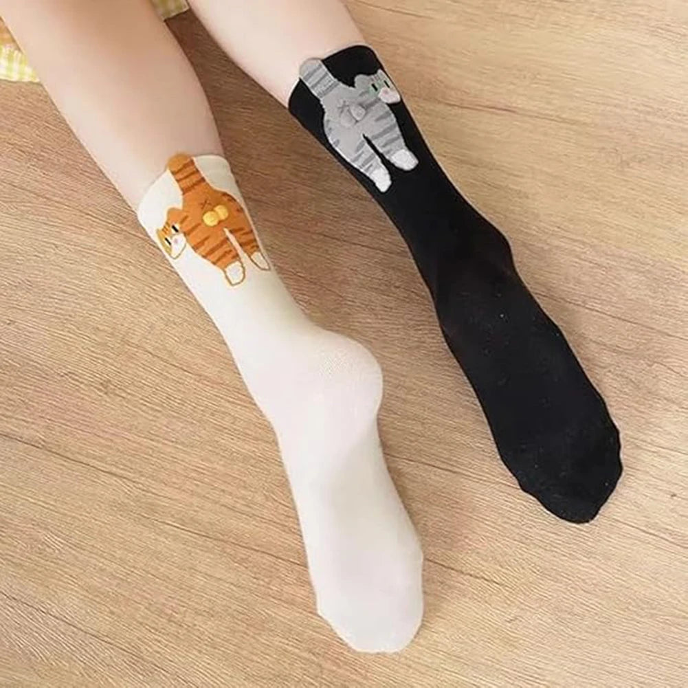 1-2Pairs Funny Cotton Socks with Fuzzy Balls Cartoon Animal Socks Breathable Cat Middle Tube Socks Novelty Gifts for Cat Lovers Zpaxo
