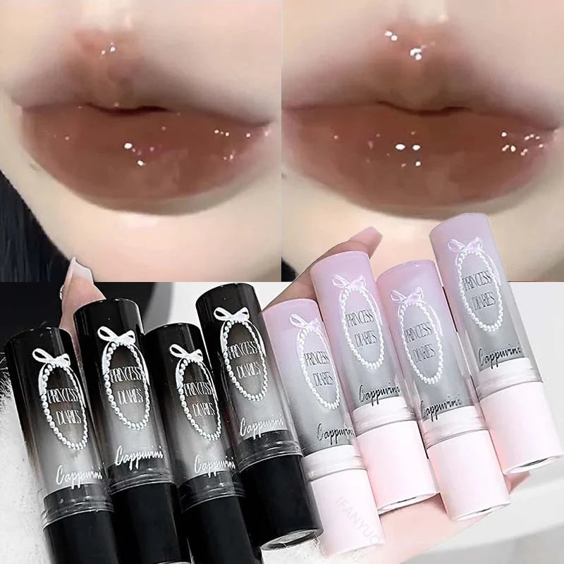 Pink Crystal Mirror Glass Solid Lip Gloss Round Tube Water Light