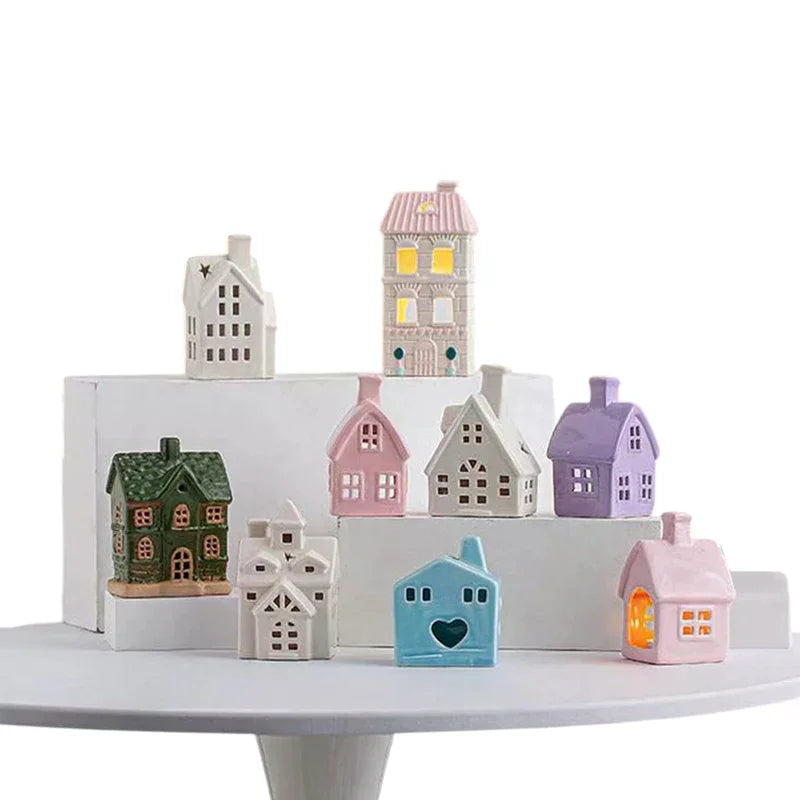 White Ceramic House Decor Lights Village Light Up Decorations Winter Zpaxo