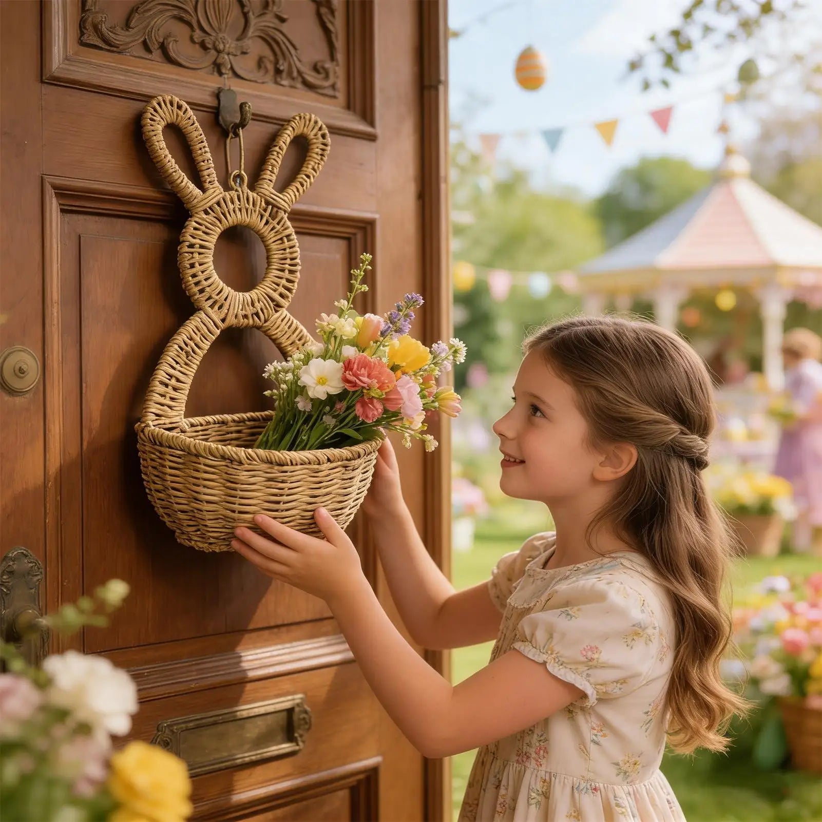 Rattan Woven Easter Bunny Wall Basket Pocket Decor Handmade Rabbit