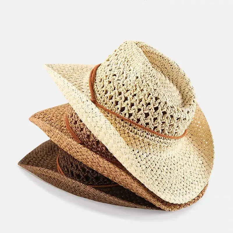 Womens Straw Western Cowboy Hat Foldable Wide Brim Summer Sun Hats